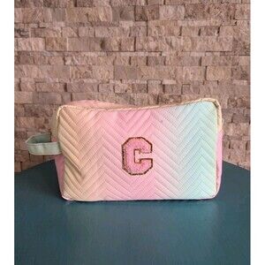 Personalized "C" Initial Preppy Patch Rainbow Makeup Bag Set 2 Pcs